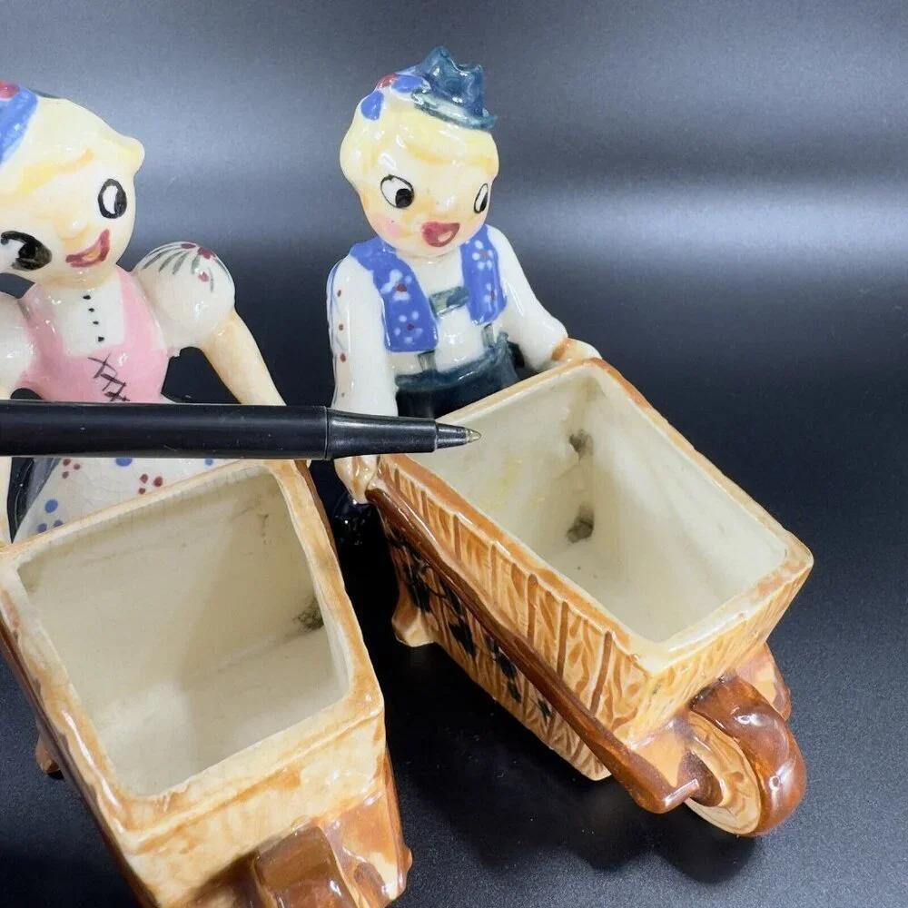 Vintage Pioneer MDSE Co Hand Painted Wheel Barrel Planter‎ Set 2 Man Woman Japan